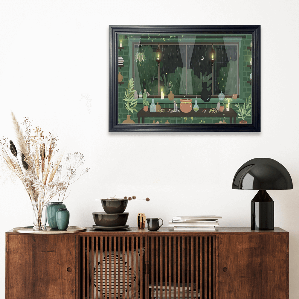Creative Illustration Of Green Plants Indoors On A Rainy Day, Horizontal Framed Simple Decorative Canvas Painting