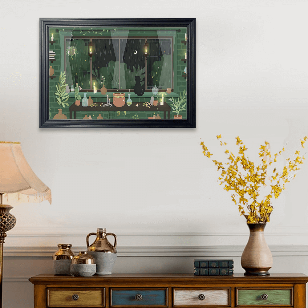 Creative Illustration Of Green Plants Indoors On A Rainy Day, Horizontal Framed Simple Decorative Canvas Painting