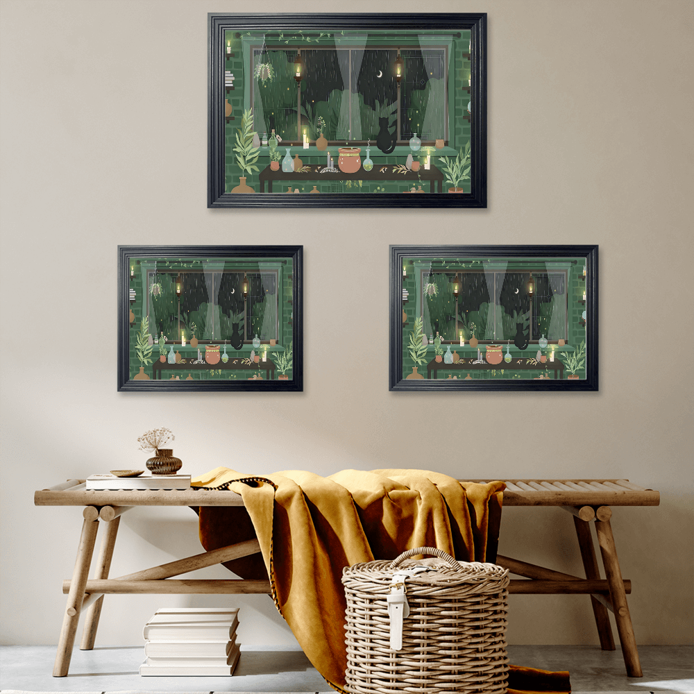 Creative Illustration Of Green Plants Indoors On A Rainy Day, Horizontal Framed Simple Decorative Canvas Painting