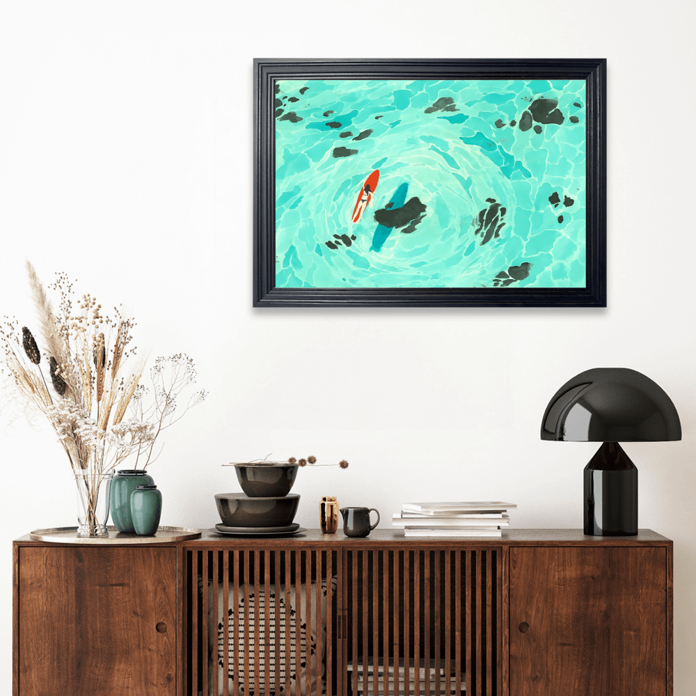 Creative Illustration Of Small Fish In Pond, Horizontal Framed Simple Decorative Canvas Painting