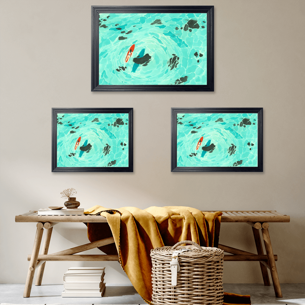 Creative Illustration Of Small Fish In Pond, Horizontal Framed Simple Decorative Canvas Painting