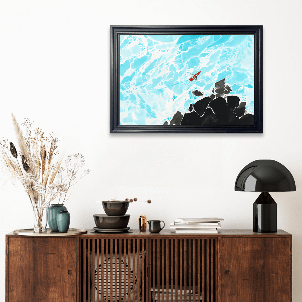 Ocean Waves Creative Illustration, Horizontal Framed Simple Decorative Canvas Painting
