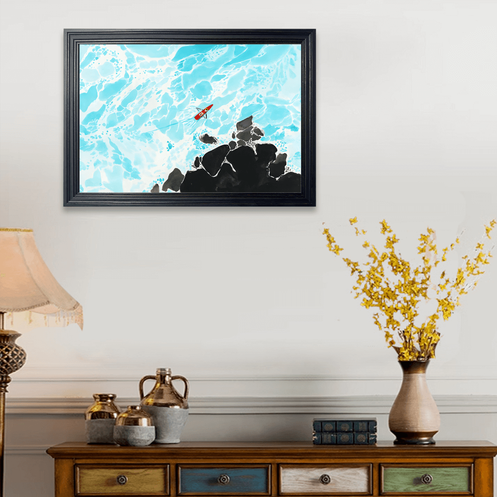 Ocean Waves Creative Illustration, Horizontal Framed Simple Decorative Canvas Painting
