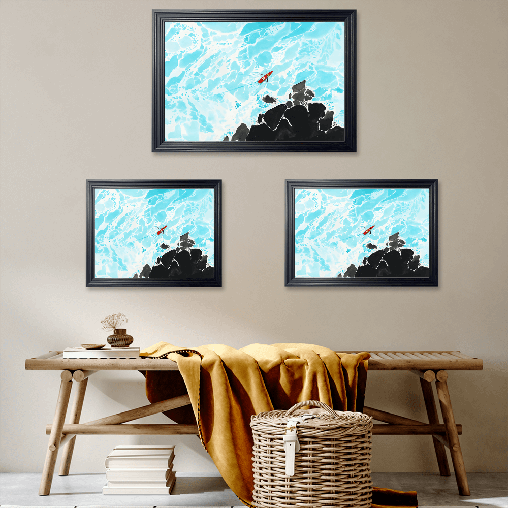 Ocean Waves Creative Illustration, Horizontal Framed Simple Decorative Canvas Painting