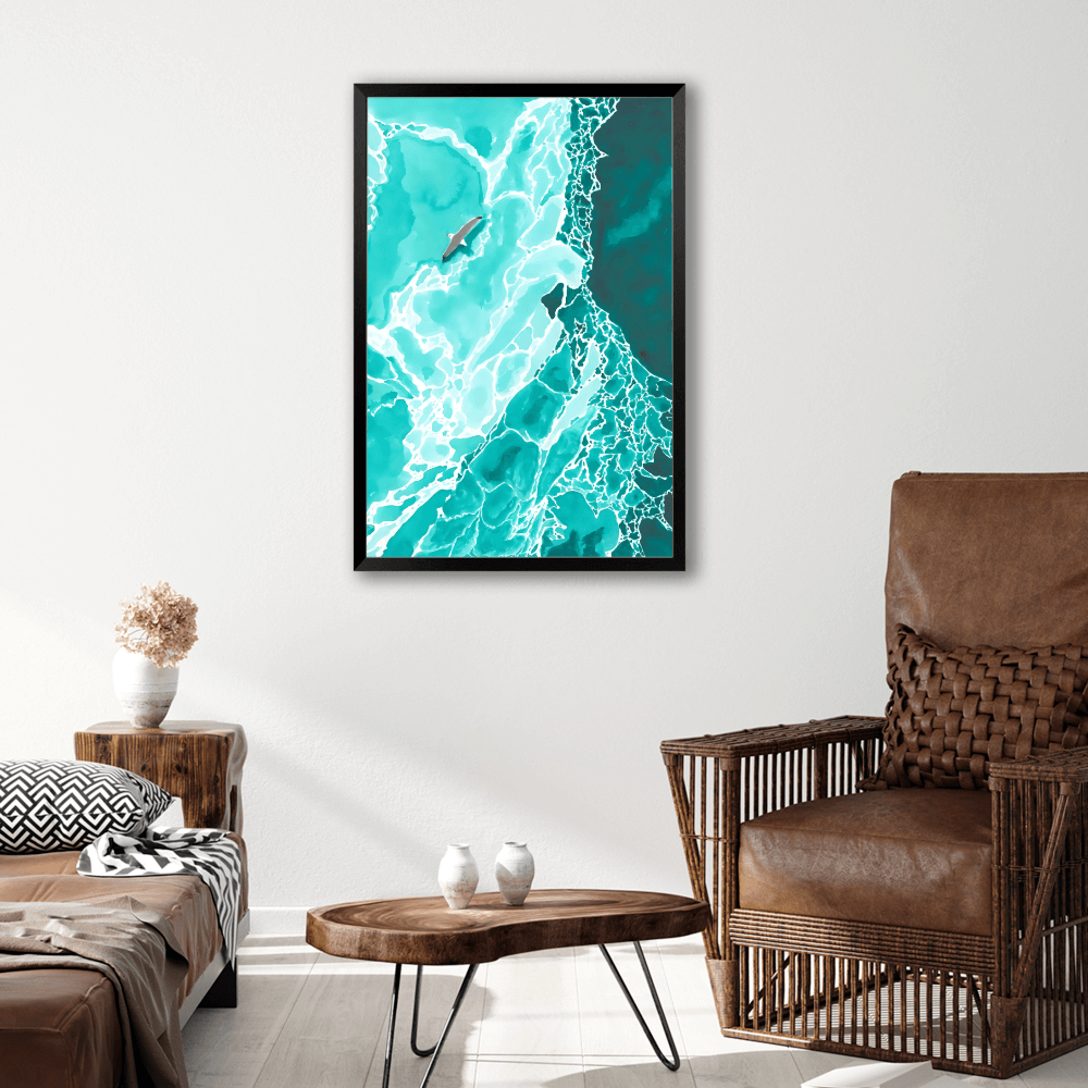 Ocean Waves Creative Illustration,Vertical Framed Simple Decorative Canvas Painting