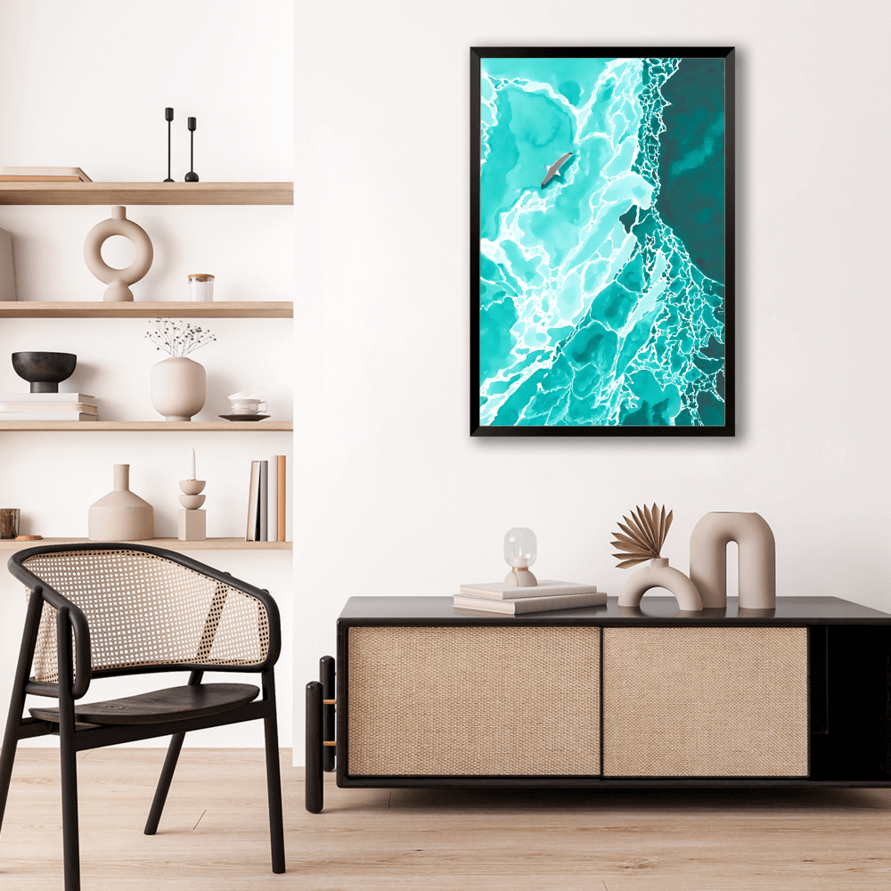 Ocean Waves Creative Illustration,Vertical Framed Simple Decorative Canvas Painting