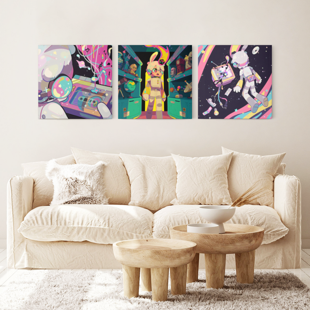 Colorful Cartoon Astronauts With A Sense Of Technology,Square Triple Frameless Canvas Painting