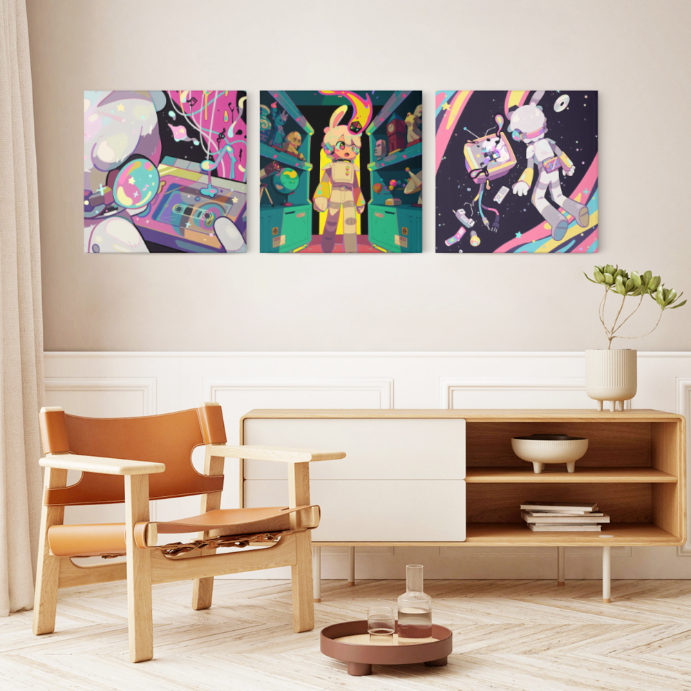 Colorful Cartoon Astronauts With A Sense Of Technology,Square Triple Frameless Canvas Painting
