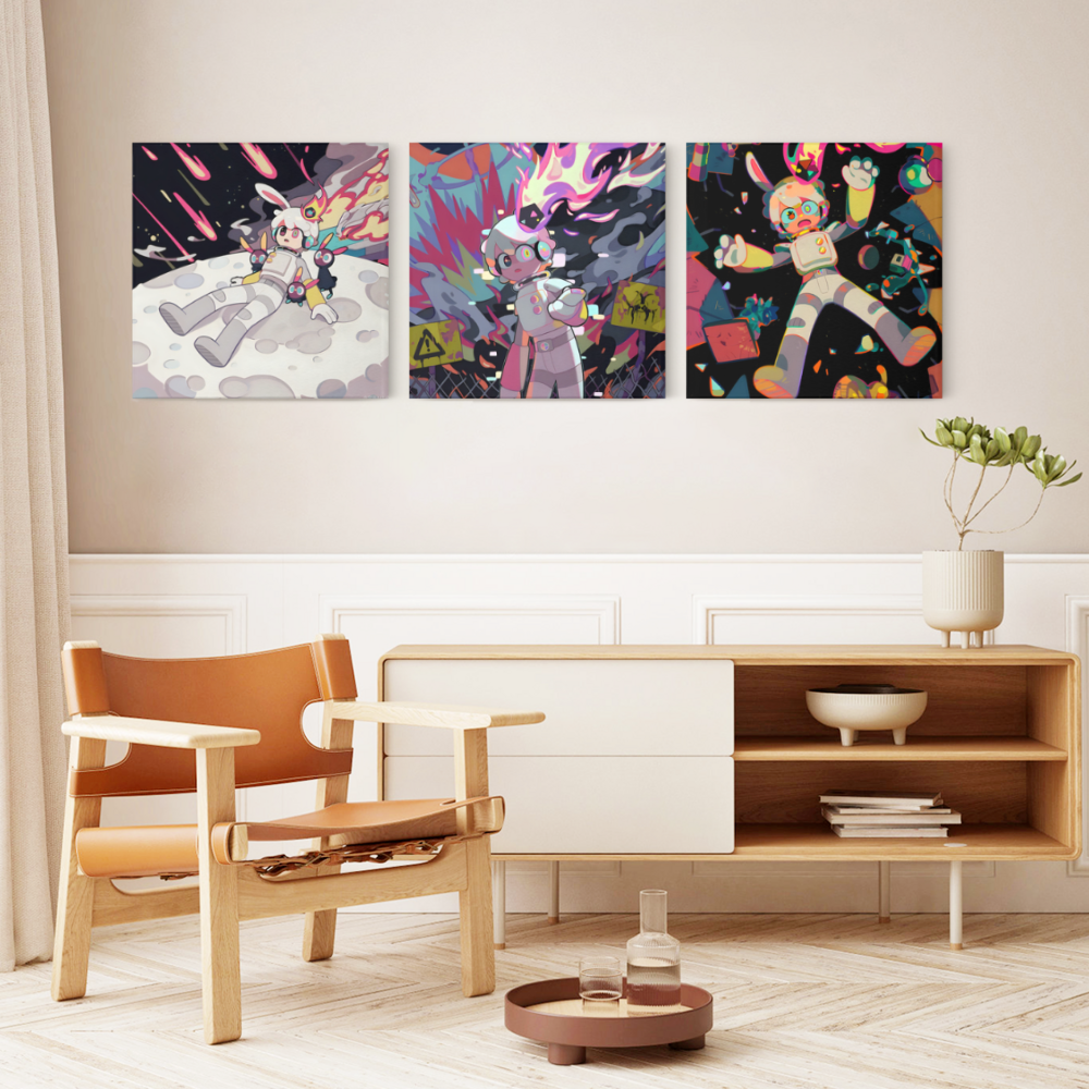 Colorful Graffiti Astronaut,Square Triple Frameless Canvas Painting