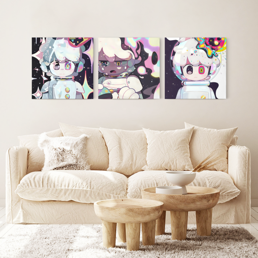 Cartoon Astronaut Creative Pattern,Square Triple Frameless Canvas Painting