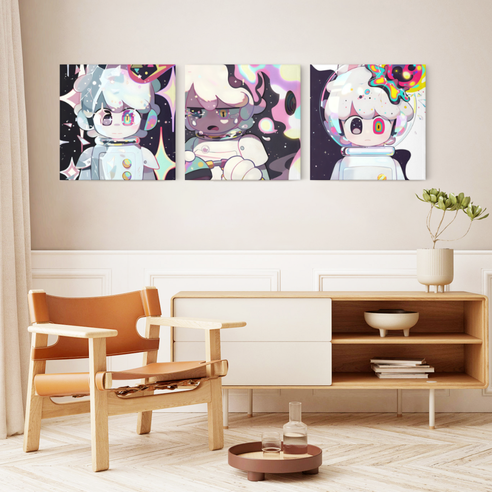 Cartoon Astronaut Creative Pattern,Square Triple Frameless Canvas Painting