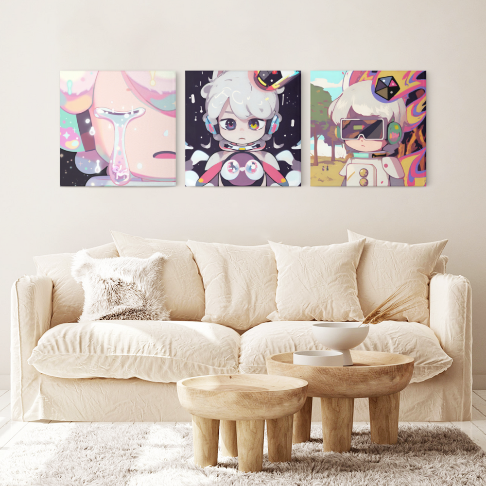 Cartoon Colorful Astronaut Creative Pattern,Square Triple Frameless Canvas Painting