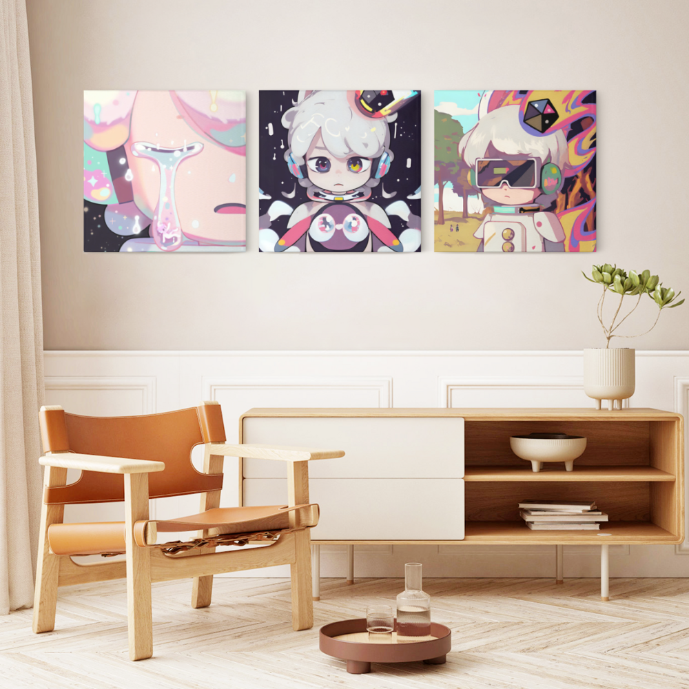 Cartoon Colorful Astronaut Creative Pattern,Square Triple Frameless Canvas Painting