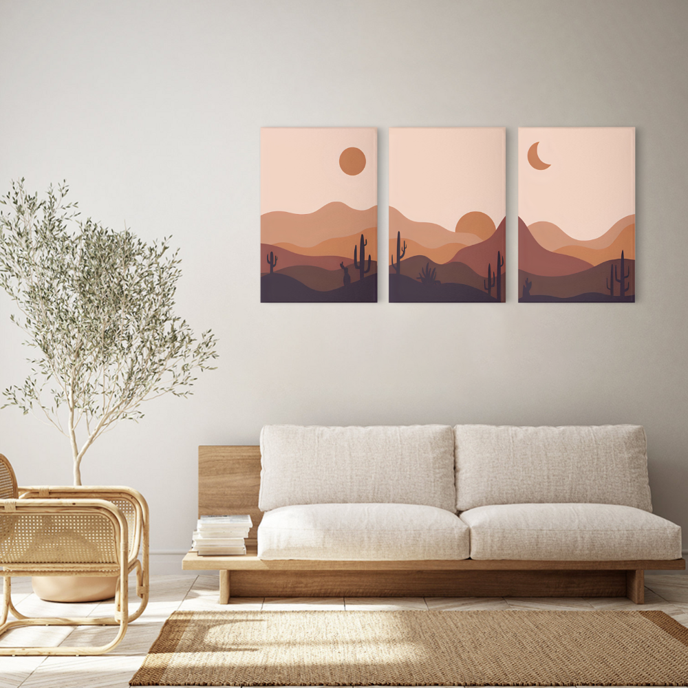 Flat Landscape Sunrise Illustration,Triple Frameless Canvas Painting