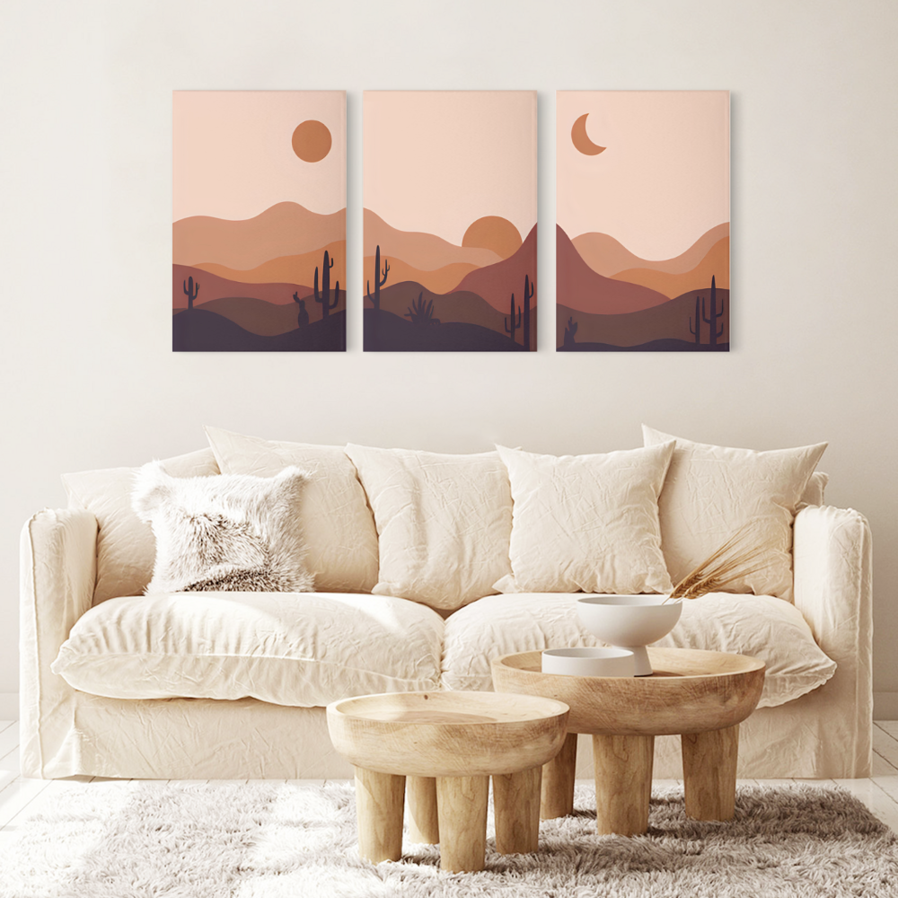 Flat Landscape Sunrise Illustration,Triple Frameless Canvas Painting