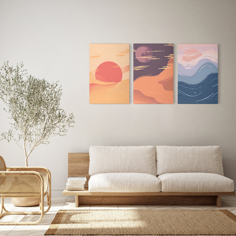 Sunrise And Sunset Creative Illustration,Triple Frameless Canvas Painting