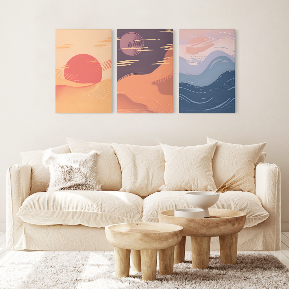 Sunrise And Sunset Creative Illustration,Triple Frameless Canvas Painting
