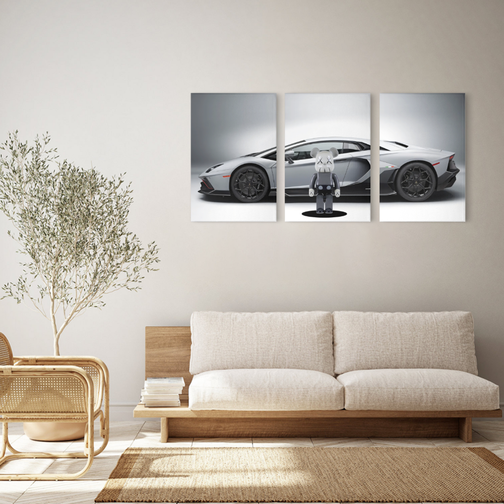 Bear Car Creative Design,Triple Frameless Canvas Painting