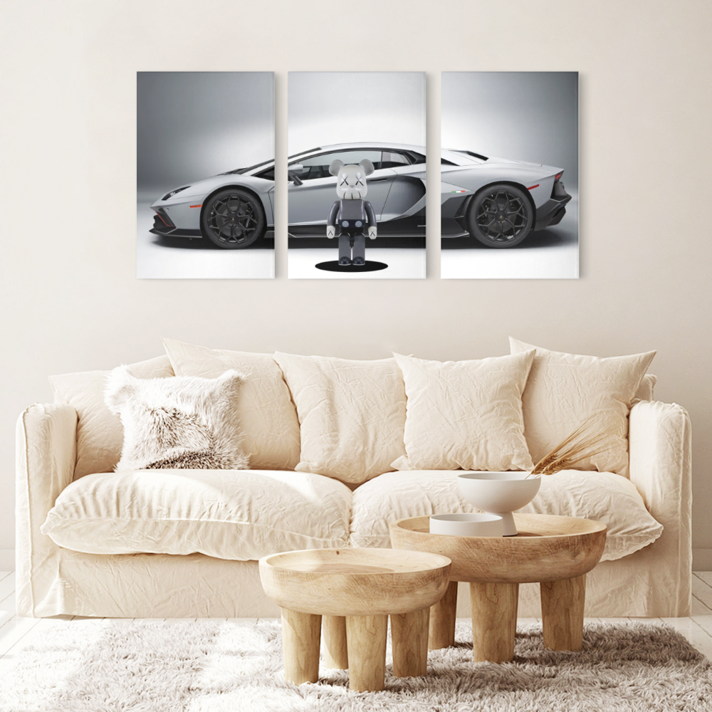 Bear Car Creative Design,Triple Frameless Canvas Painting
