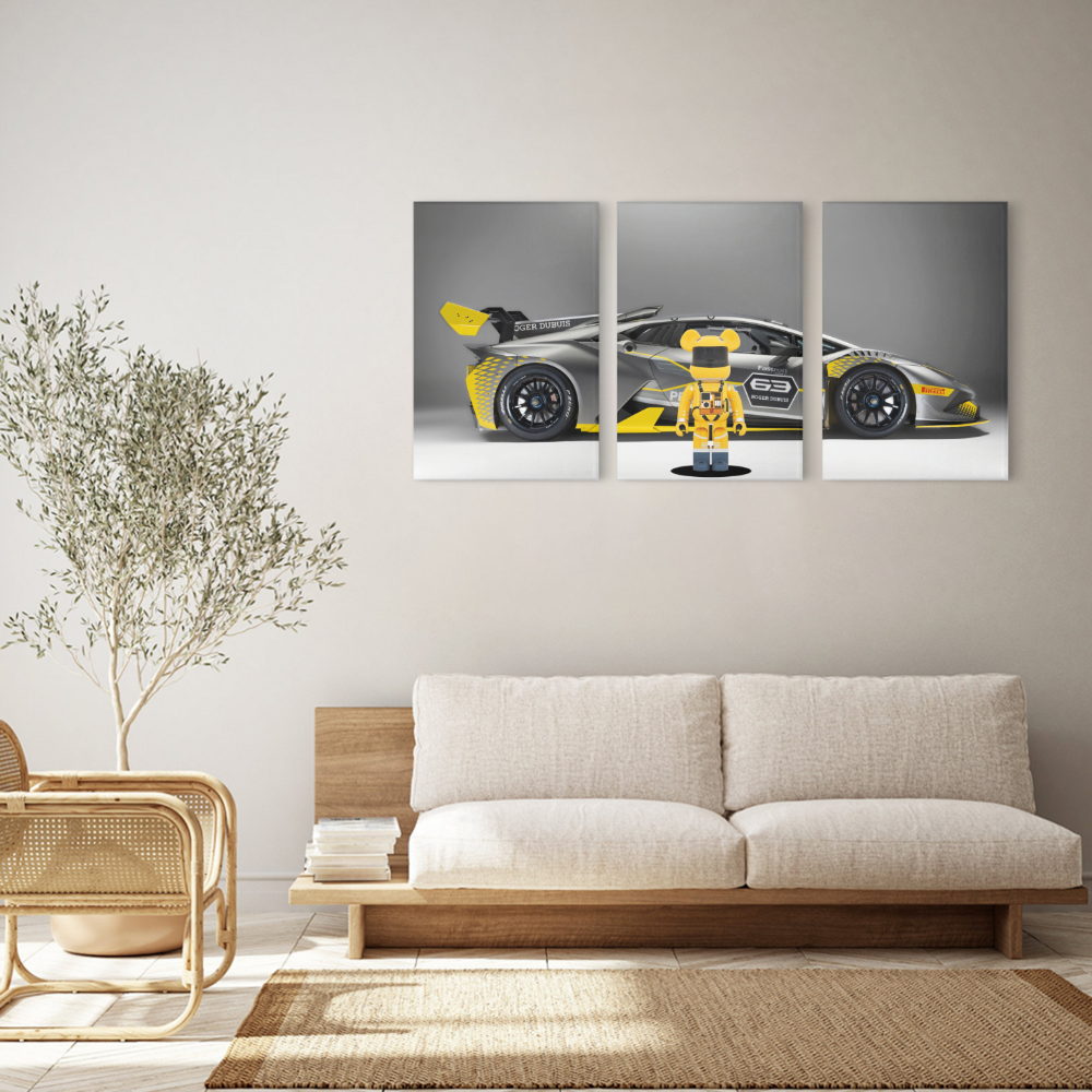 Yellow Violent Bear Car Creative Design,Triple Frameless Canvas Painting