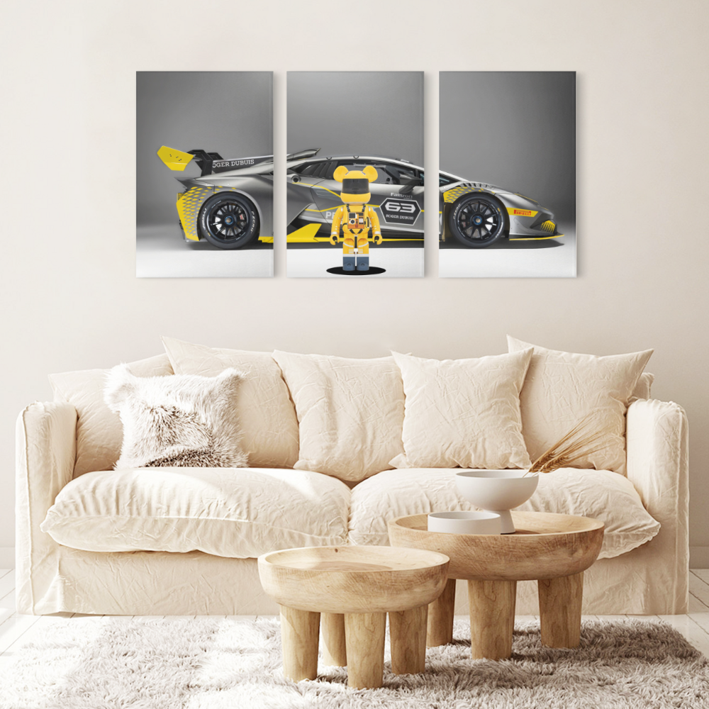 Yellow Violent Bear Car Creative Design,Triple Frameless Canvas Painting