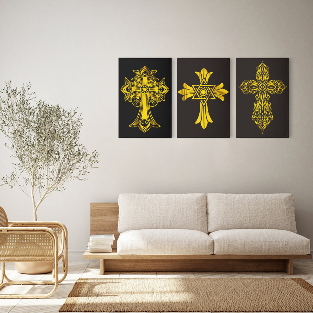 Golden Lace Cross Creative Pattern,Triple Frameless Canvas Painting