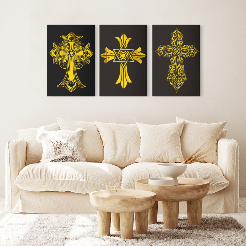 Golden Lace Cross Creative Pattern,Triple Frameless Canvas Painting