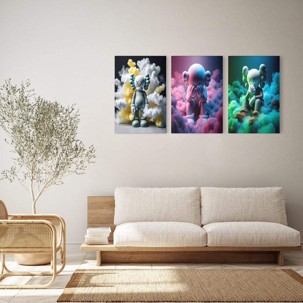 Colorful Cloud Bear Creative Pattern Design,Triple Frameless Canvas Painting