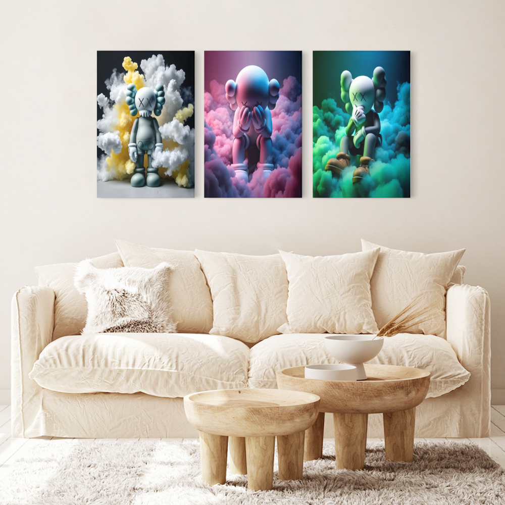 Colorful Cloud Bear Creative Pattern Design,Triple Frameless Canvas Painting