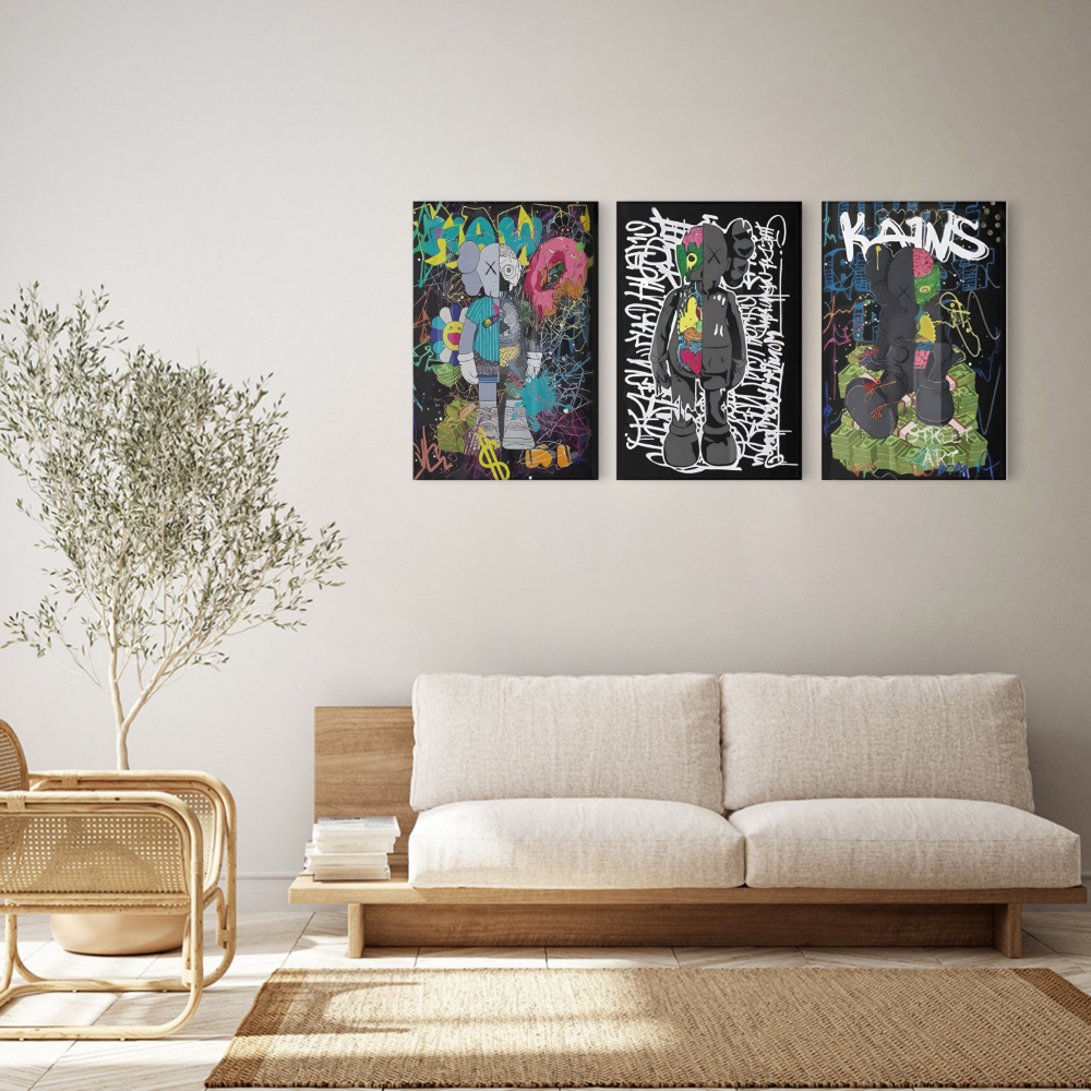 Messy Bear Creative Pattern Design,Triple Frameless Canvas Painting.