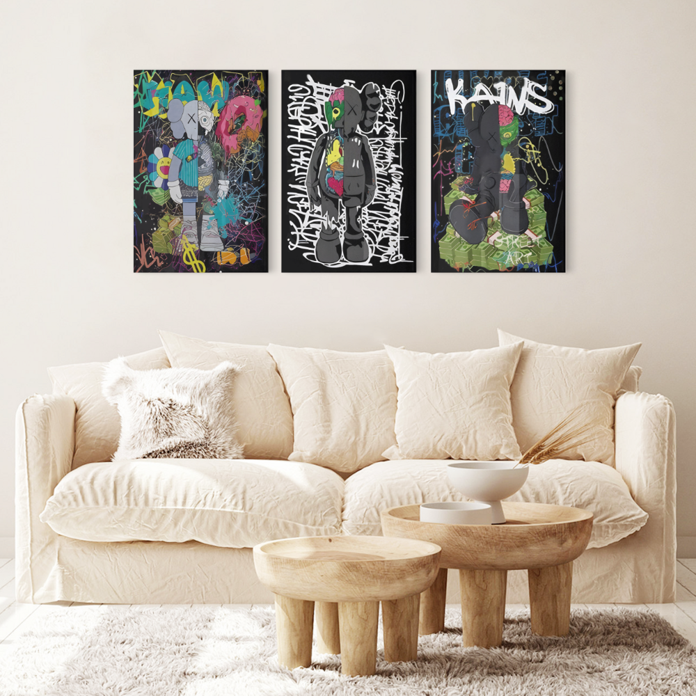 Messy Bear Creative Pattern Design,Triple Frameless Canvas Painting.