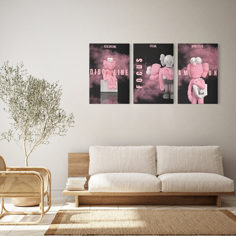 Pink Bear Creative Pattern Design,Triple Frameless Canvas Painting.