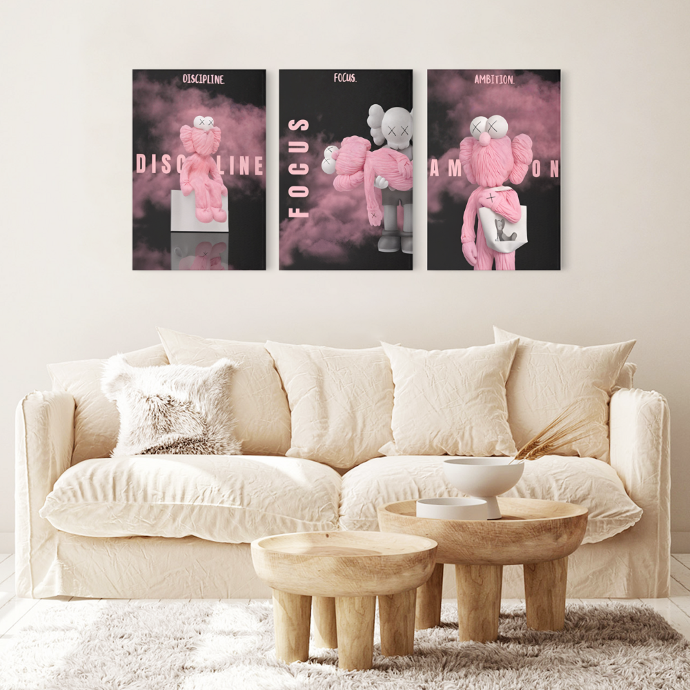 Pink Bear Creative Pattern Design,Triple Frameless Canvas Painting.