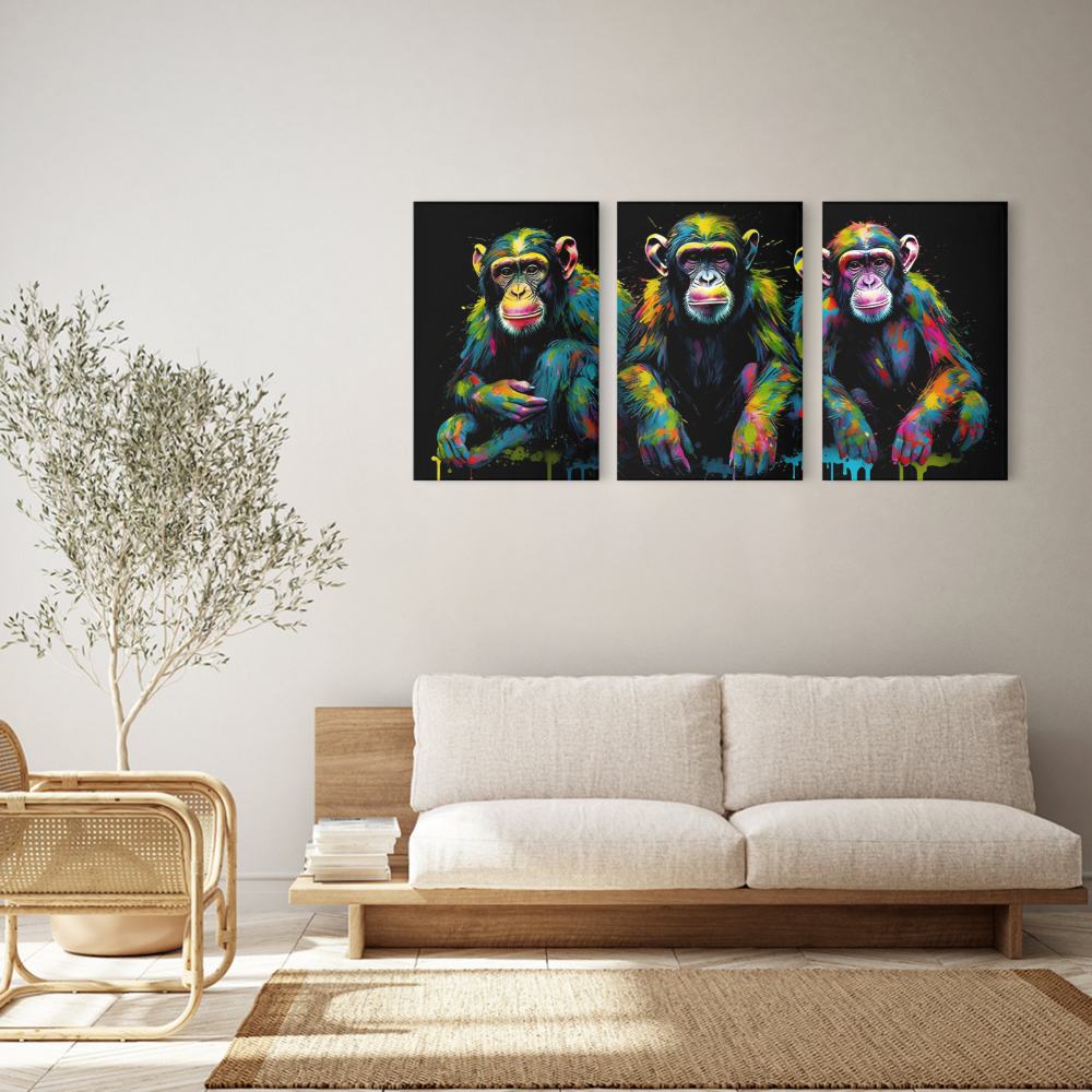 Colorful Monkey Creative Design,Triple Frameless Canvas Painting.