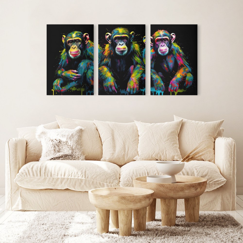 Colorful Monkey Creative Design,Triple Frameless Canvas Painting.