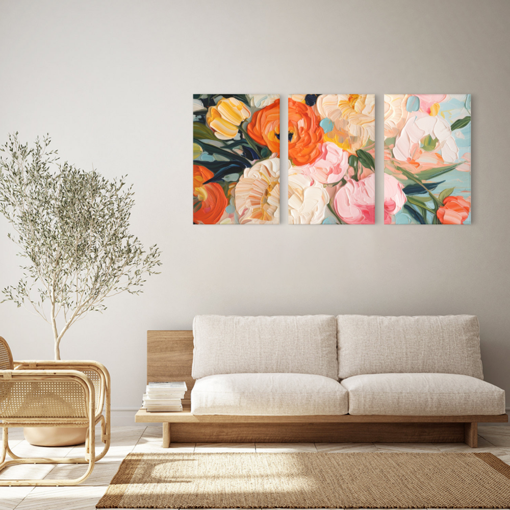 Oil Painting Style Colorful Flowers,Triple Frameless Canvas Painting.