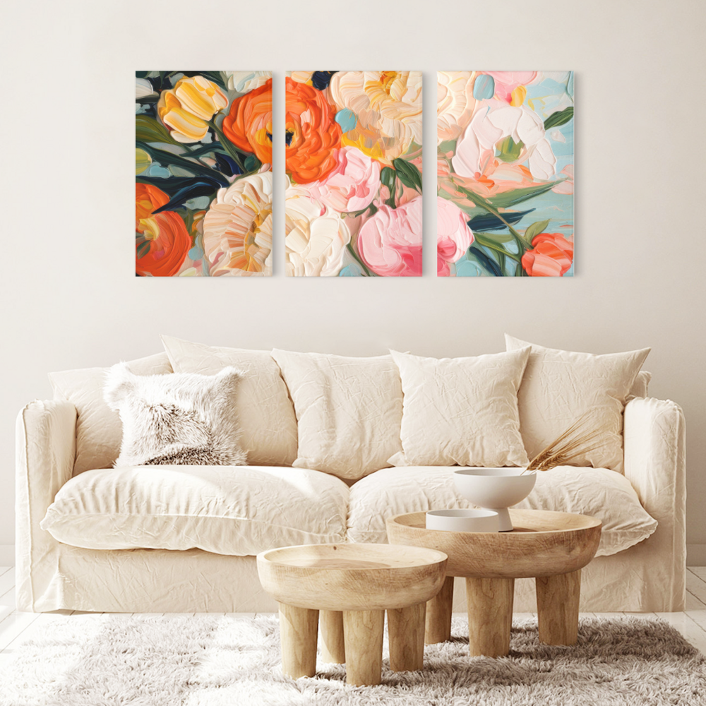 Oil Painting Style Colorful Flowers,Triple Frameless Canvas Painting.
