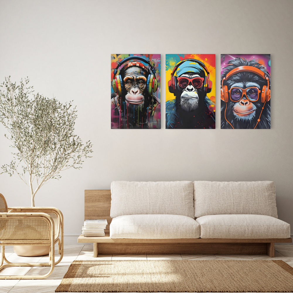 Monkey With Headphones Creative Pattern Design,Triple Frameless Canvas Painting.