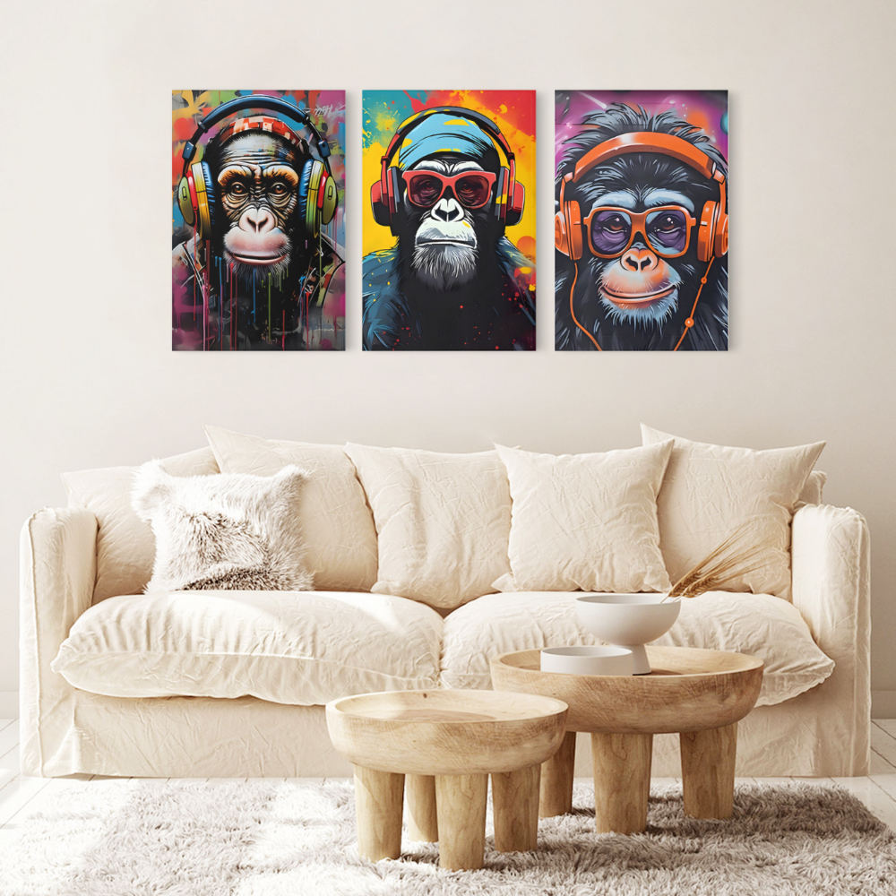 Monkey With Headphones Creative Pattern Design,Triple Frameless Canvas Painting.