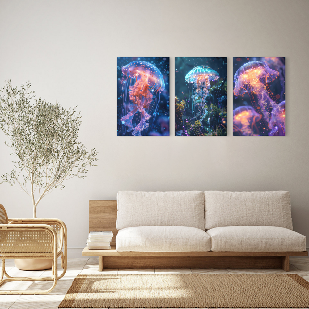 Colorful Jellyfish Creative Pattern Design,Triple Frameless Canvas Painting.