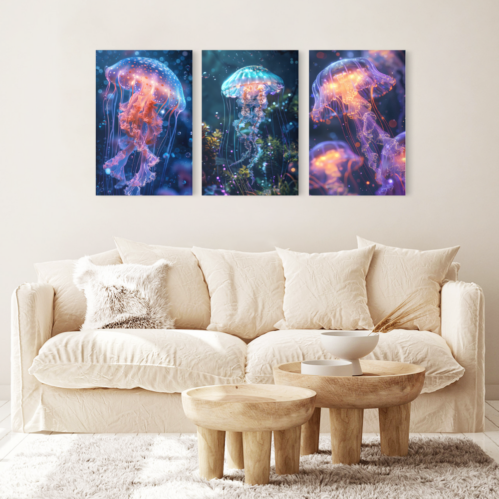 Colorful Jellyfish Creative Pattern Design,Triple Frameless Canvas Painting.