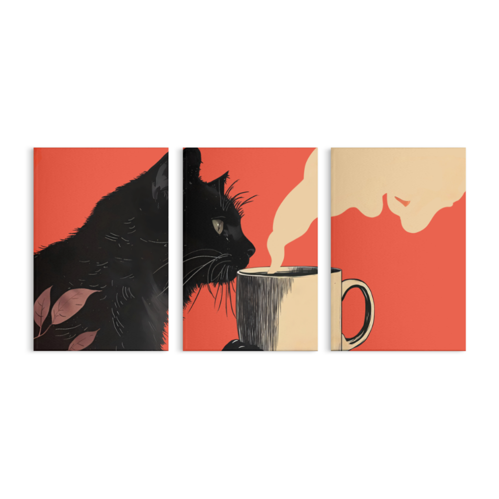 Creative Little Black Cat,Triple Frameless Canvas Painting.