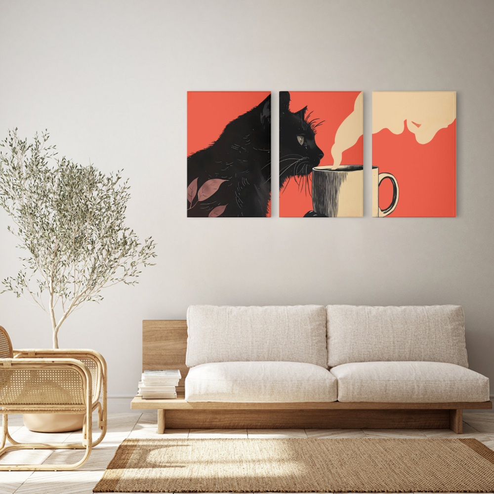 Creative Little Black Cat,Triple Frameless Canvas Painting.