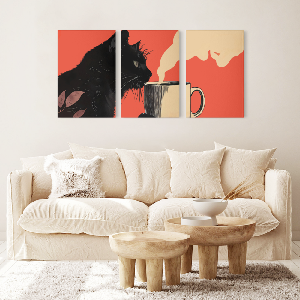 Creative Little Black Cat,Triple Frameless Canvas Painting.