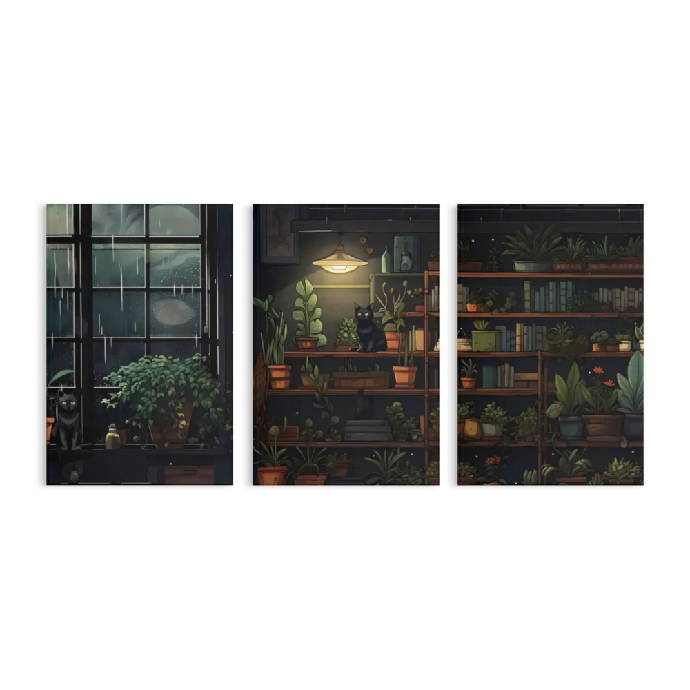 Indoor Green Plant Illustration,Triple Frameless Canvas Painting.