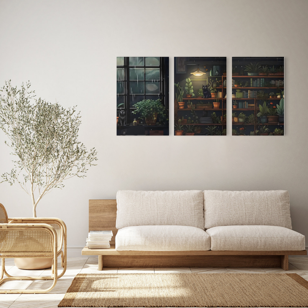 Indoor Green Plant Illustration,Triple Frameless Canvas Painting.