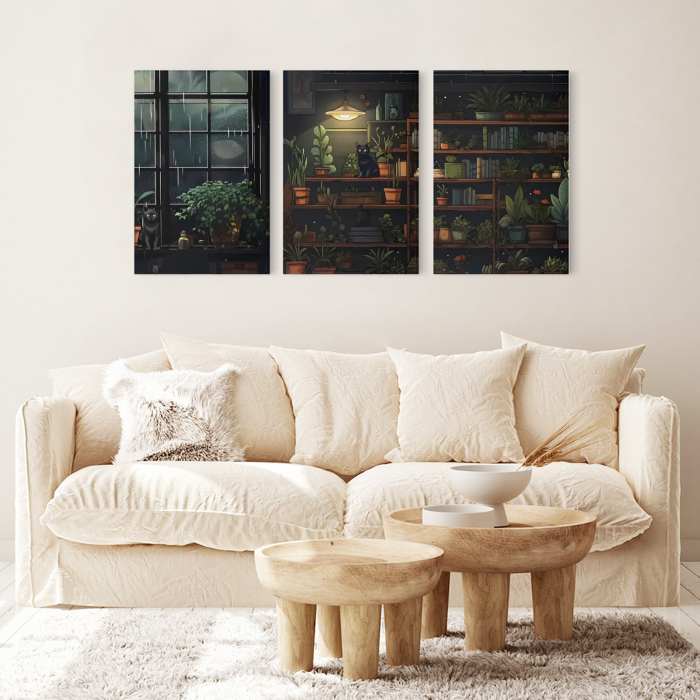 Indoor Green Plant Illustration,Triple Frameless Canvas Painting.