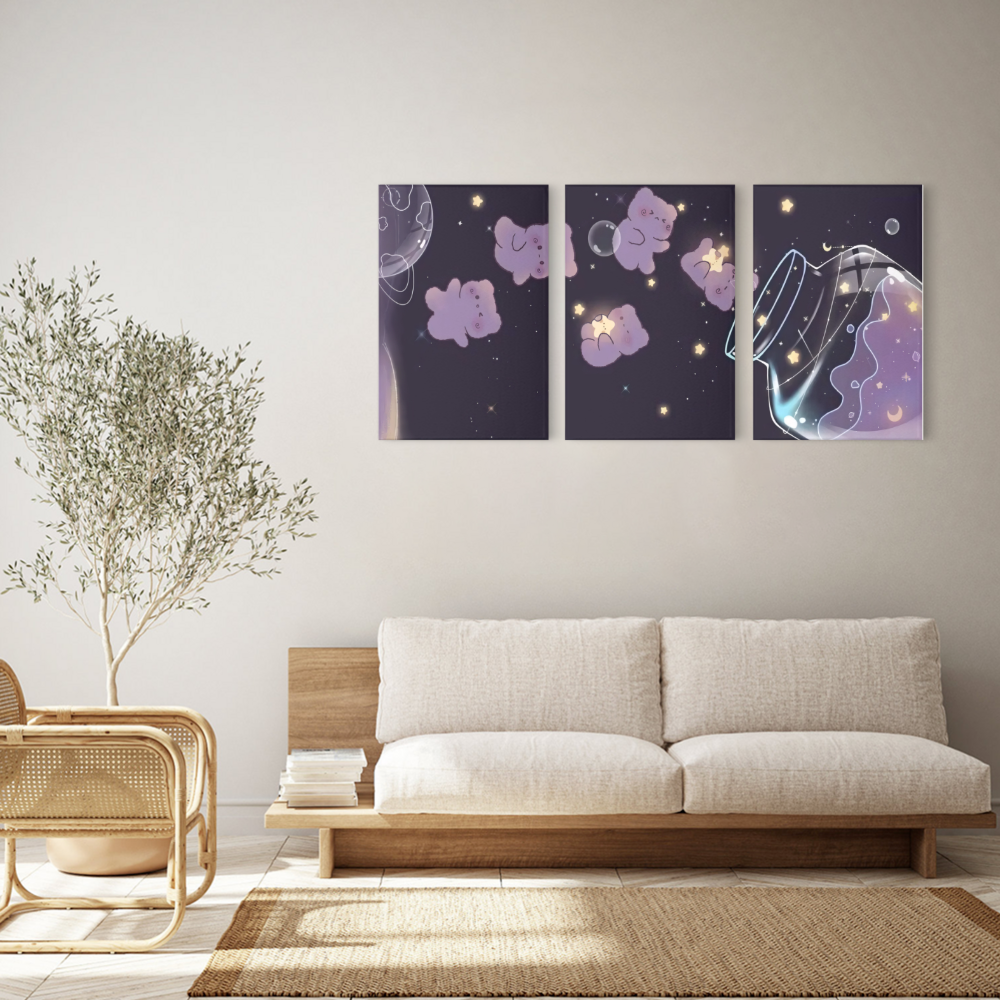 Cute Bear Jar,Triple Frameless Canvas Painting.
