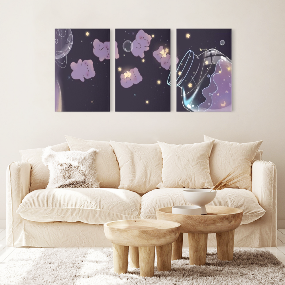 Cute Bear Jar,Triple Frameless Canvas Painting.