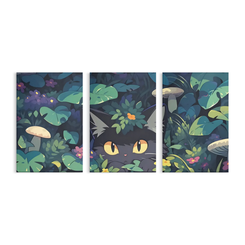 Jungle Illustration Kitten,Triple Frameless Canvas Painting.